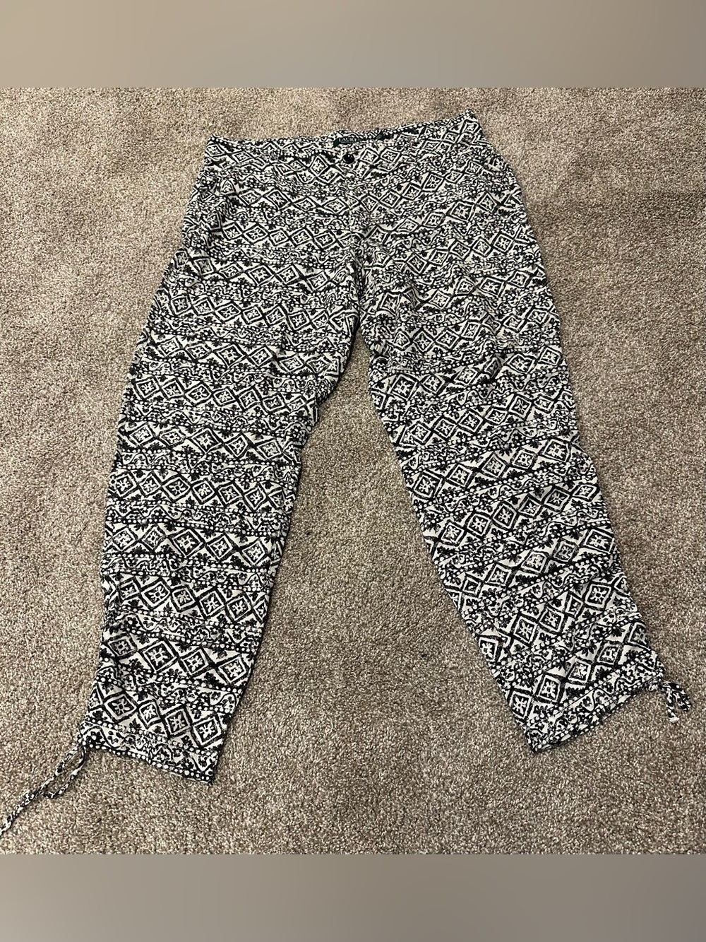 Lauren Ralph Lauren Cropped Pants Women's 8 White Black Geometric Drawstring Hem